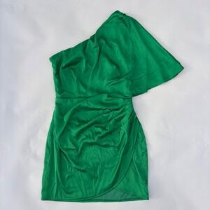 Luxxel Kelly Green One Shoulder Satin Mini Dress Ruched Tulip Hem Womens
